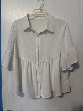 Women’s  Flared Sleeve With Ruffle Hem Casual Blouse, Size 8/10 (Large), White